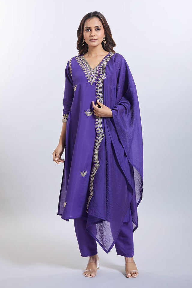 Purple Embroidered Chandheri Kurti Pant Set