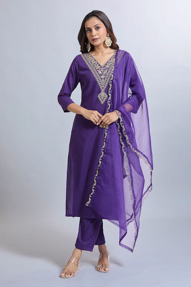 Purple Embroidered Viscose Kurti Pant Set