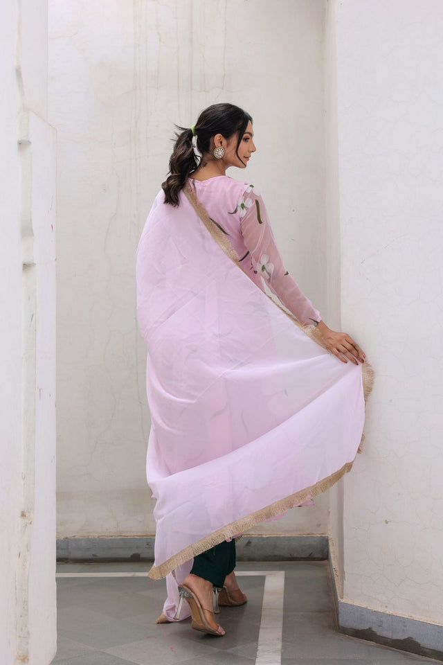 Pink Floral Printed Georgette Kurti Pant Set (30pinkhandpaint)