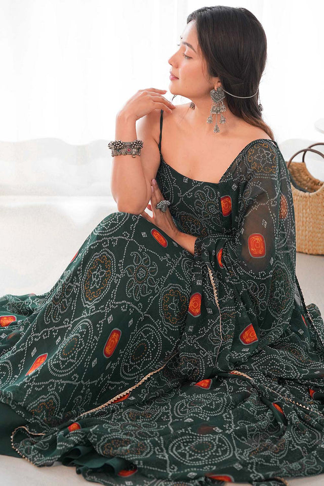 Bottle Green Chiffon Bandhani Sleeveless Anarkali Suit Set
