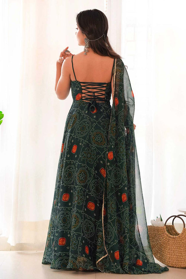 Bottle Green Chiffon Bandhani Sleeveless Anarkali Suit Set