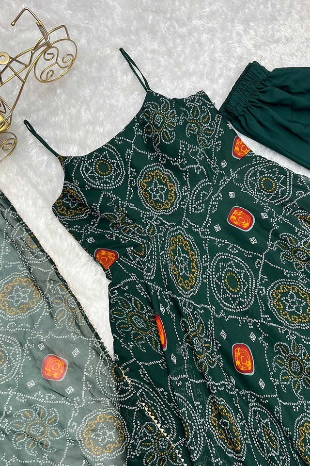 Bottle Green Chiffon Bandhani Sleeveless Anarkali Suit Set