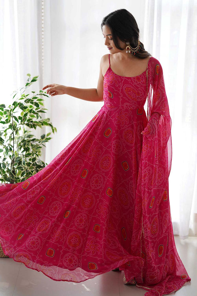 Pink Chiffon Bandhani Sleeveless Anarkali Suit Set