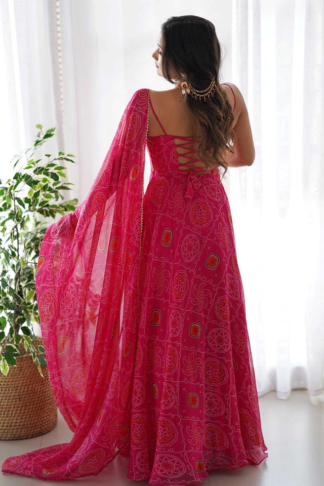 Pink Chiffon Bandhani Sleeveless Anarkali Suit Set