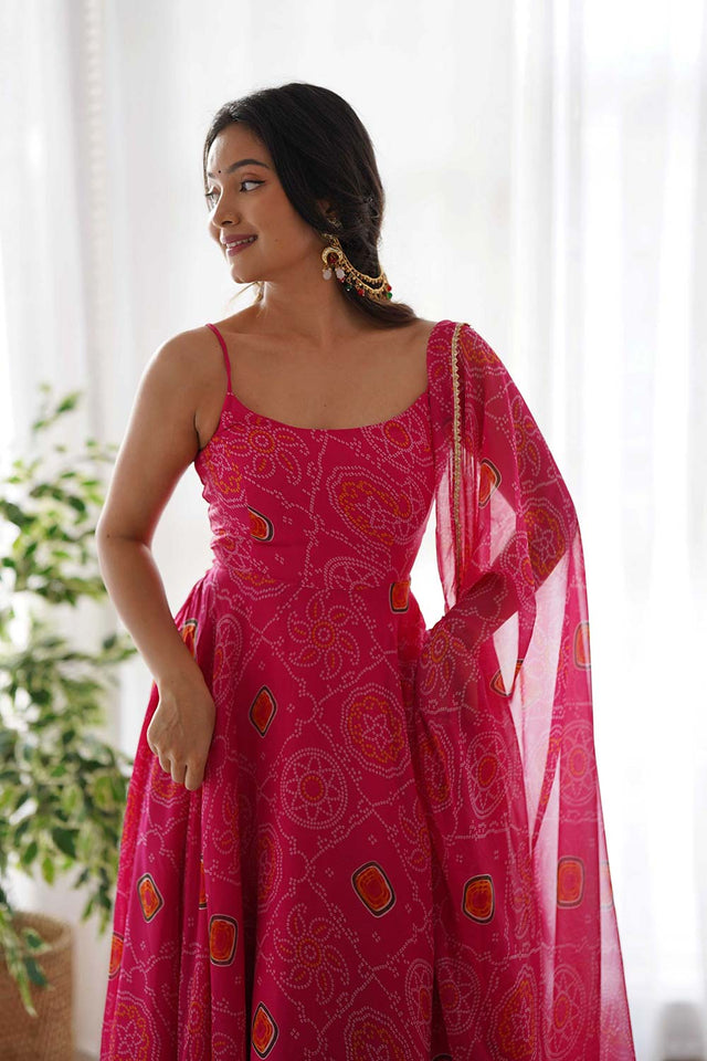 Pink Chiffon Bandhani Sleeveless Anarkali Suit Set