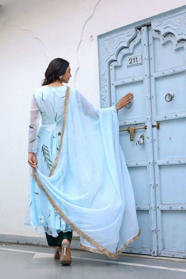 Blue Floral Printed Georgette Kurti Pant Set (31bluehandpaint)