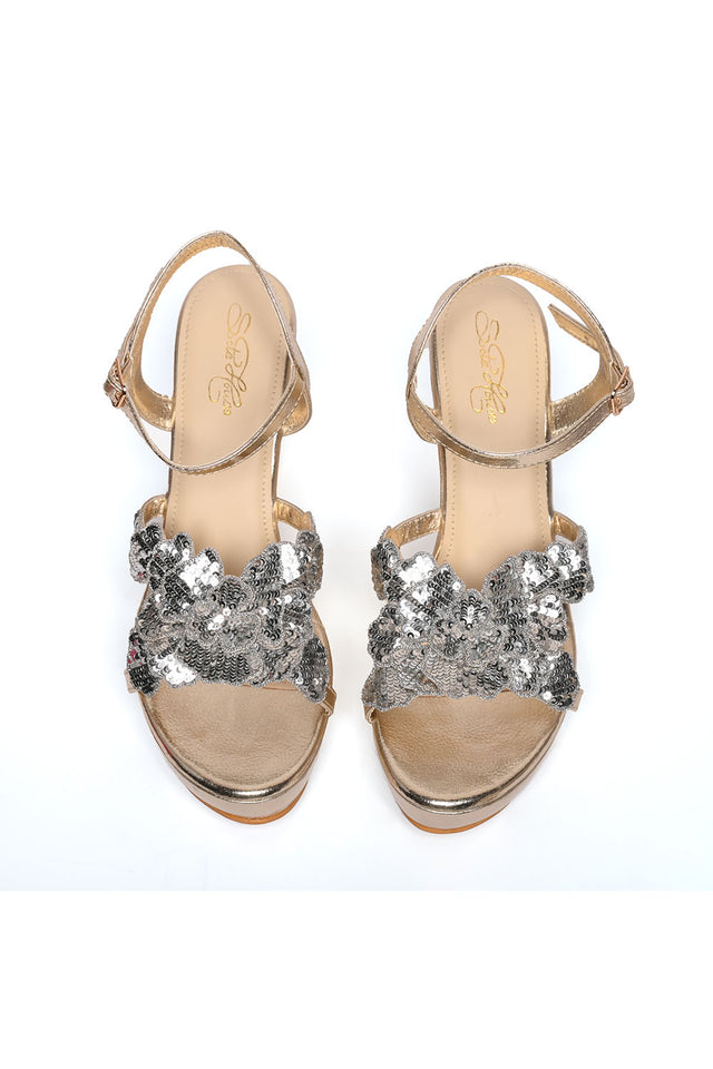 Gold Sequin Pu Leather Wedges