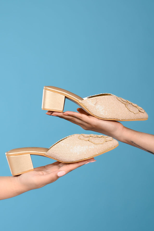 Beige Sequin Pu Leather Heels