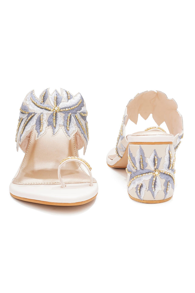 Cream Embroidered Pu Leather Heels