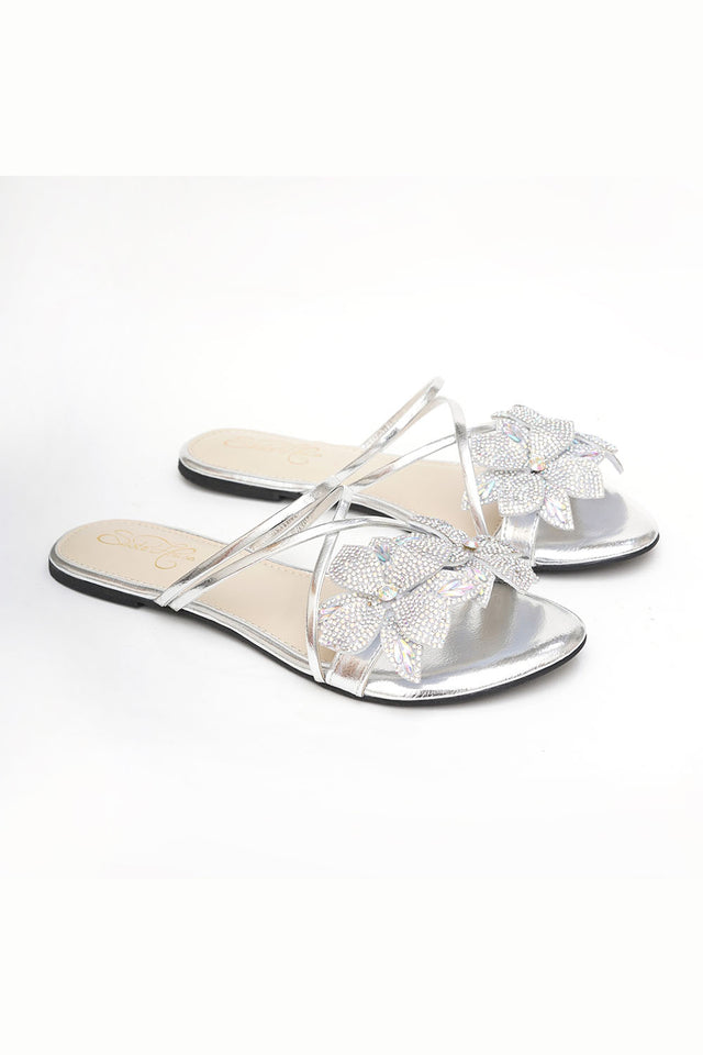 Silver Embellished Pu Leather Flats