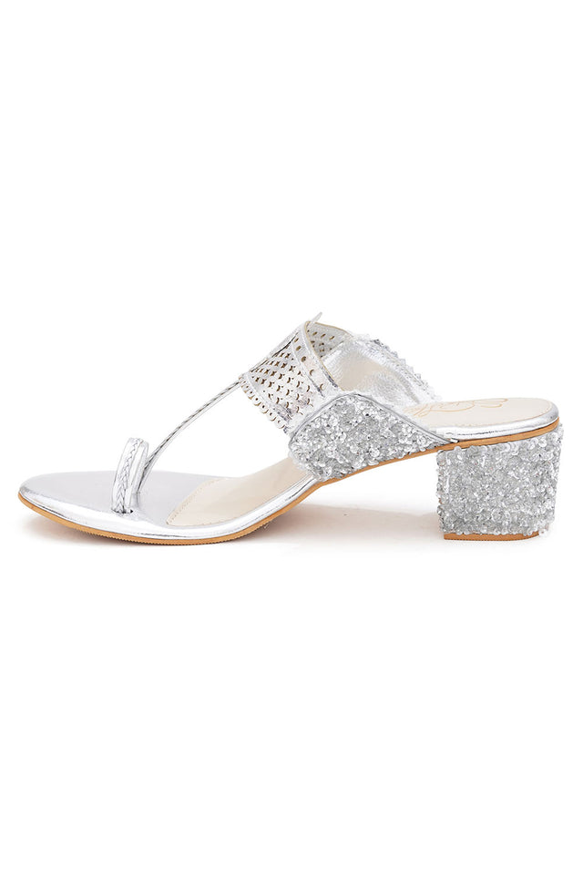 Silver Embroidered Pu Leather Heels