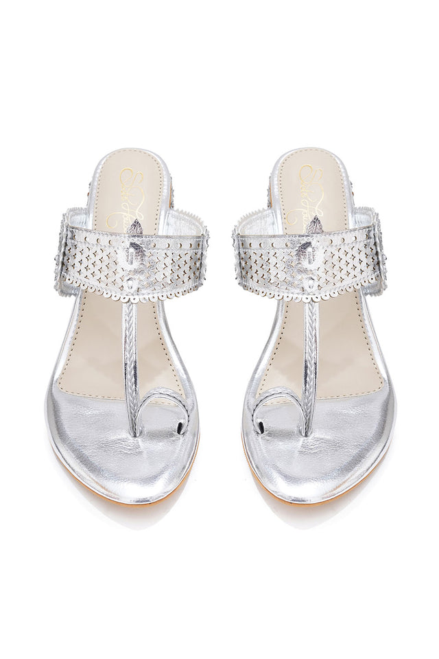 Silver Embroidered Pu Leather Heels