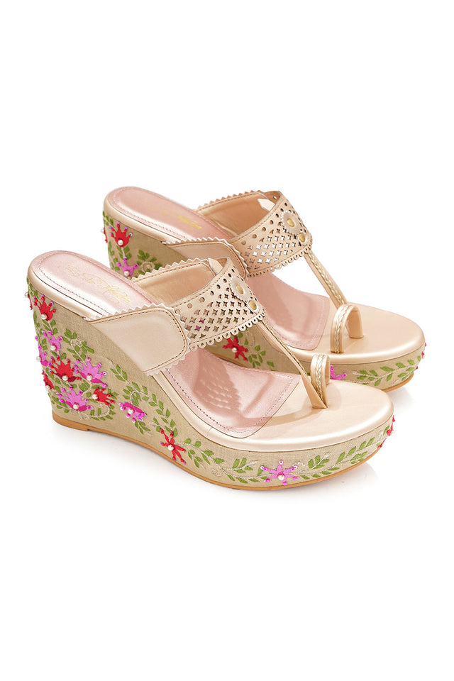 Multi Color Floral Embroidered Pu Leather Wedges