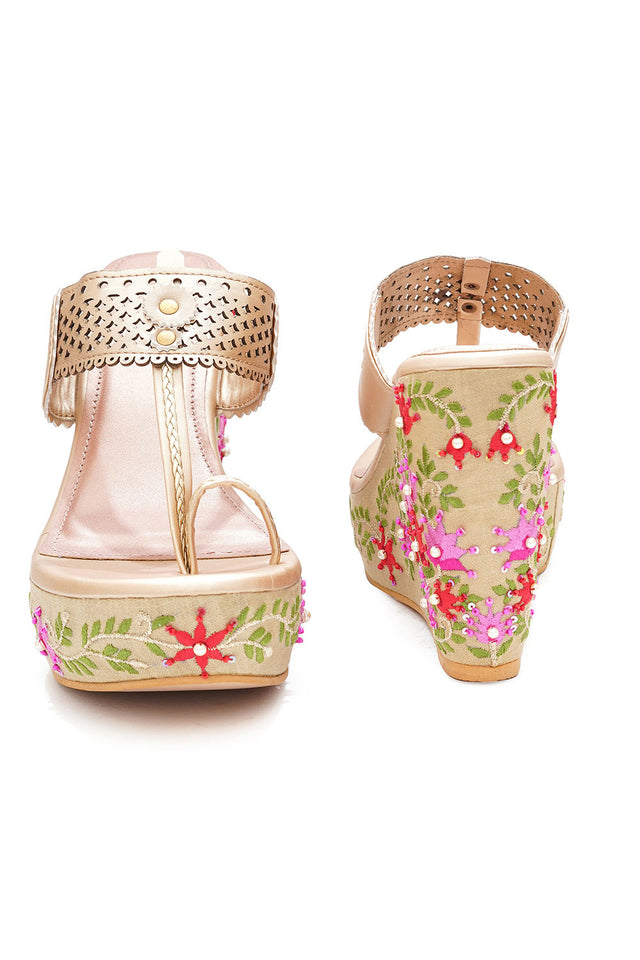 Multi Color Floral Embroidered Pu Leather Wedges