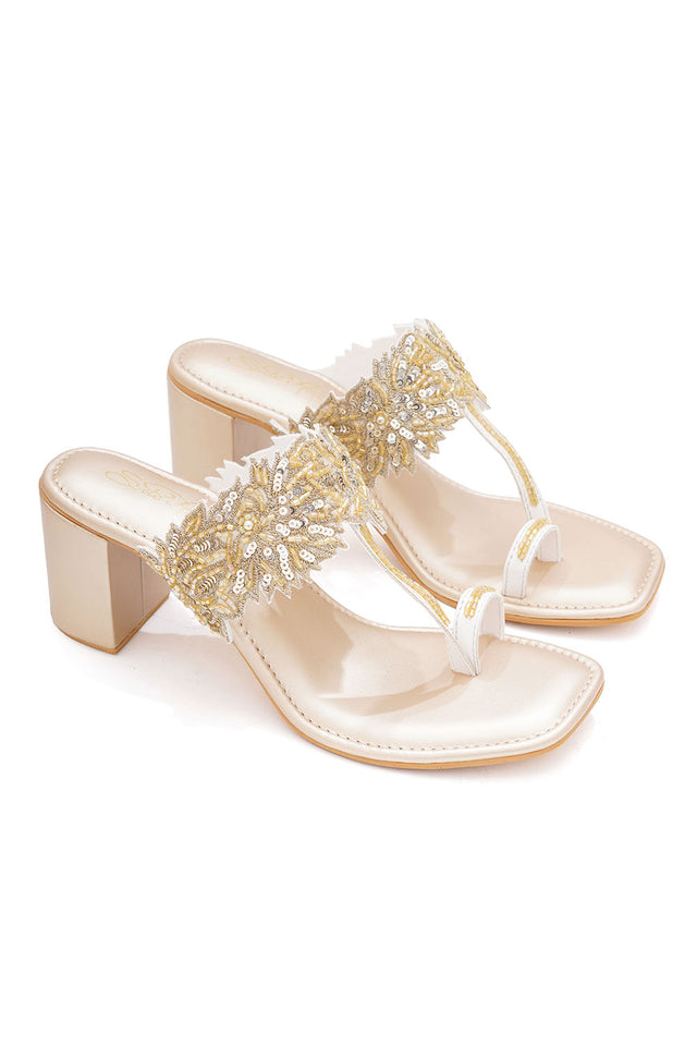 Gold Embellished Pu Leather Heels