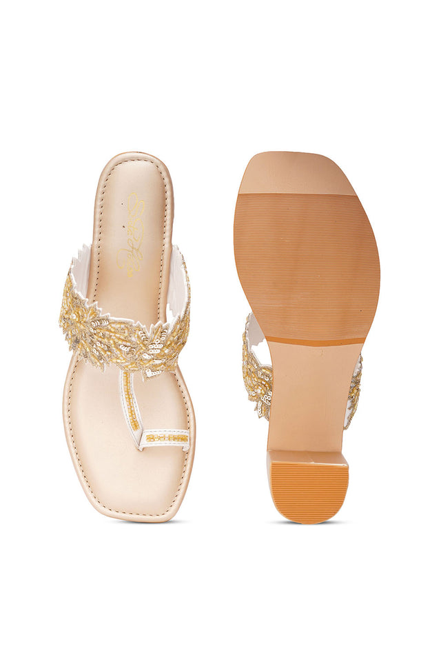 Gold Embellished Pu Leather Heels