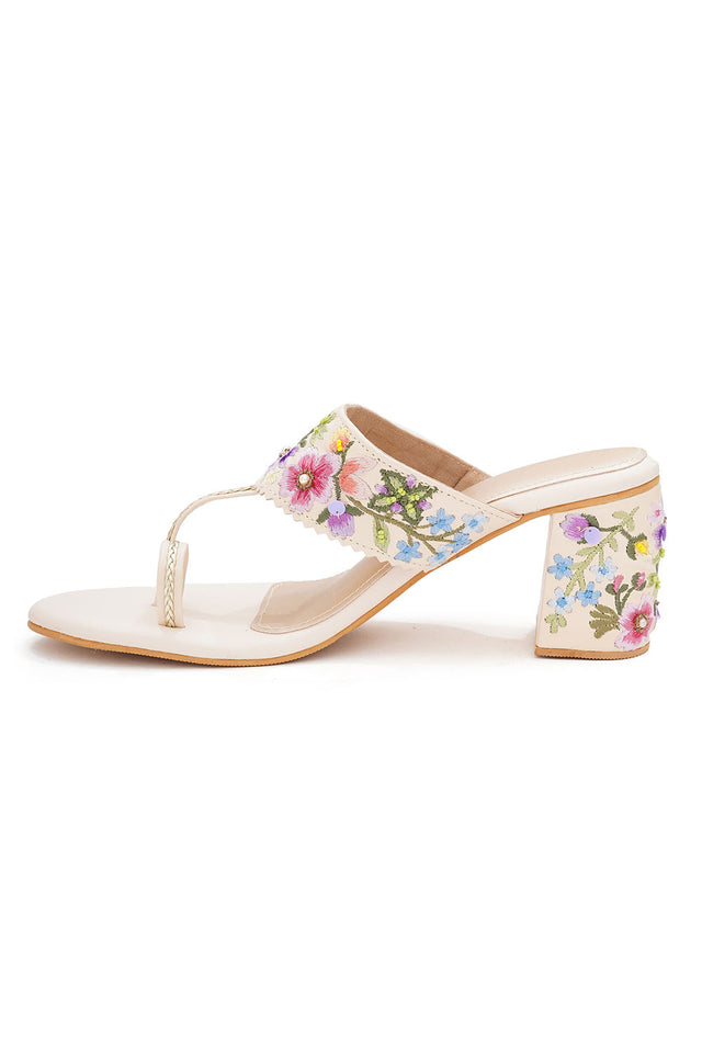 Multi Color Floral Embroidered Pu Leather Heels