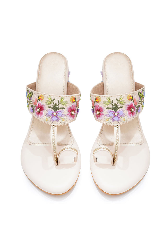 Multi Color Floral Embroidered Pu Leather Heels