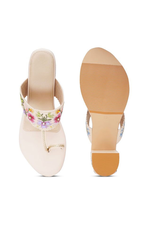 Multi Color Floral Embroidered Pu Leather Heels