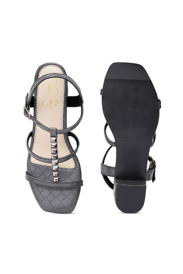 Grey Checkered Pu Leather Heels