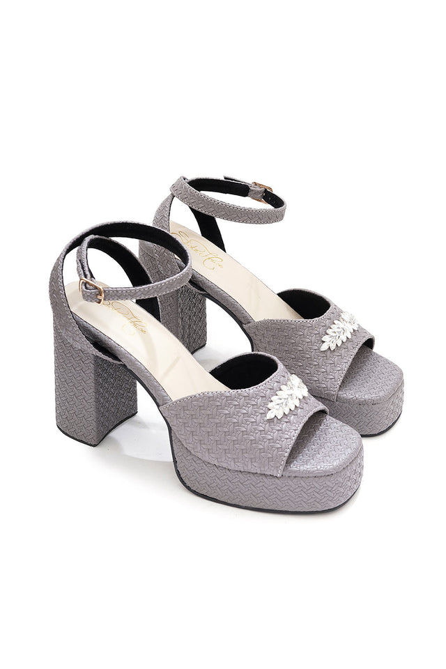 Grey Checkered Pu Leather Heels
