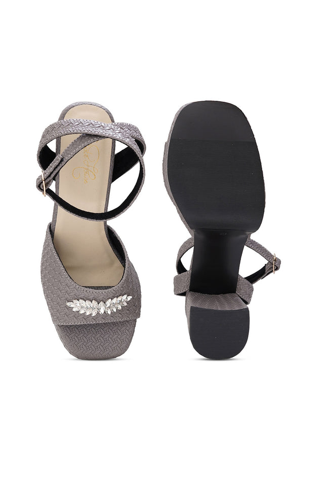 Grey Checkered Pu Leather Heels