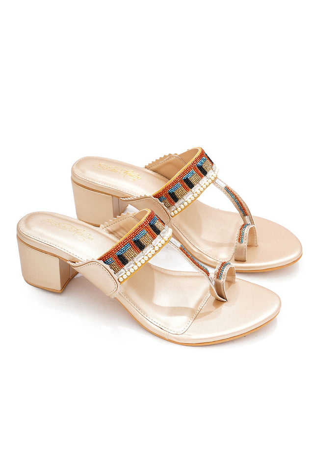 Gold Embellished Pu Leather Heels