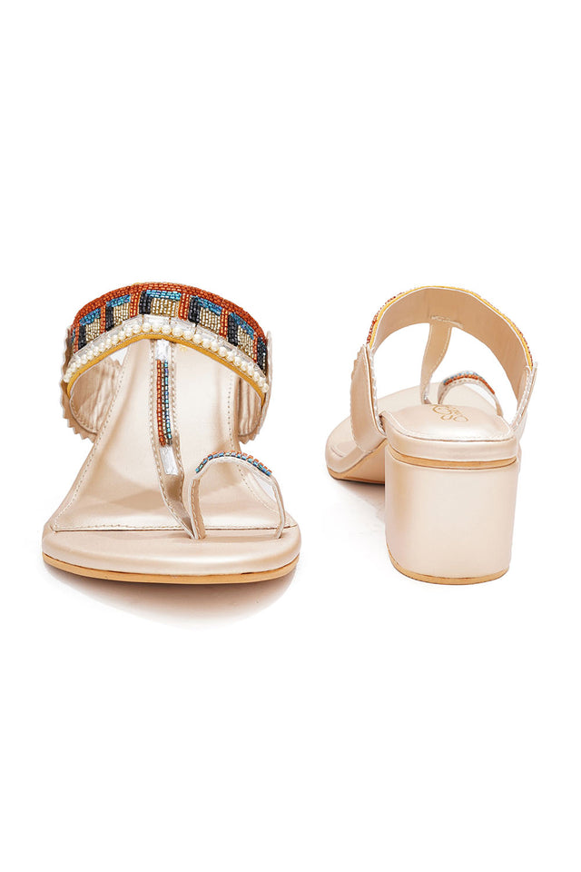 Gold Embellished Pu Leather Heels