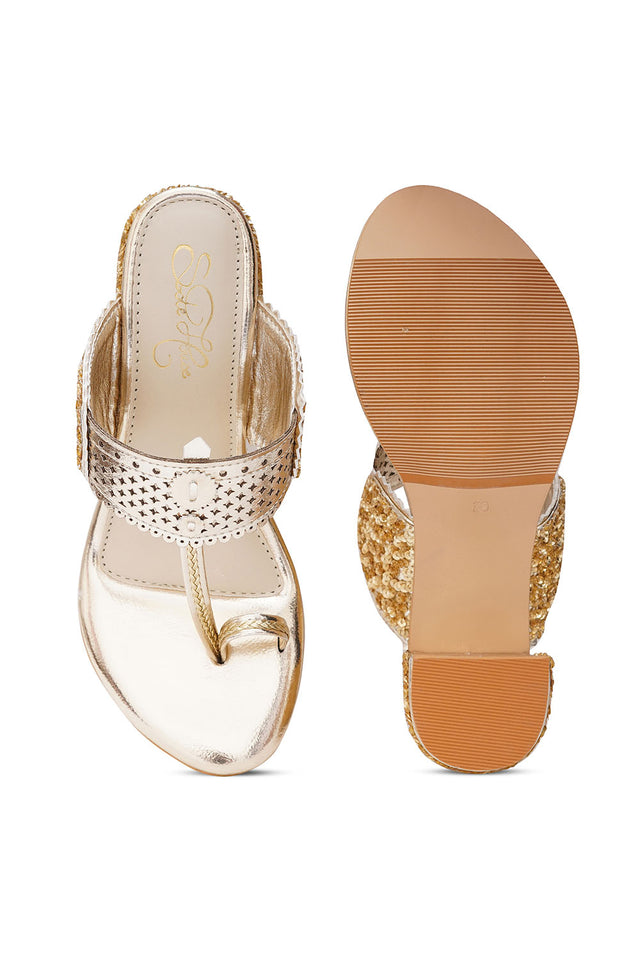 Gold Embroidered Pu Leather Heels