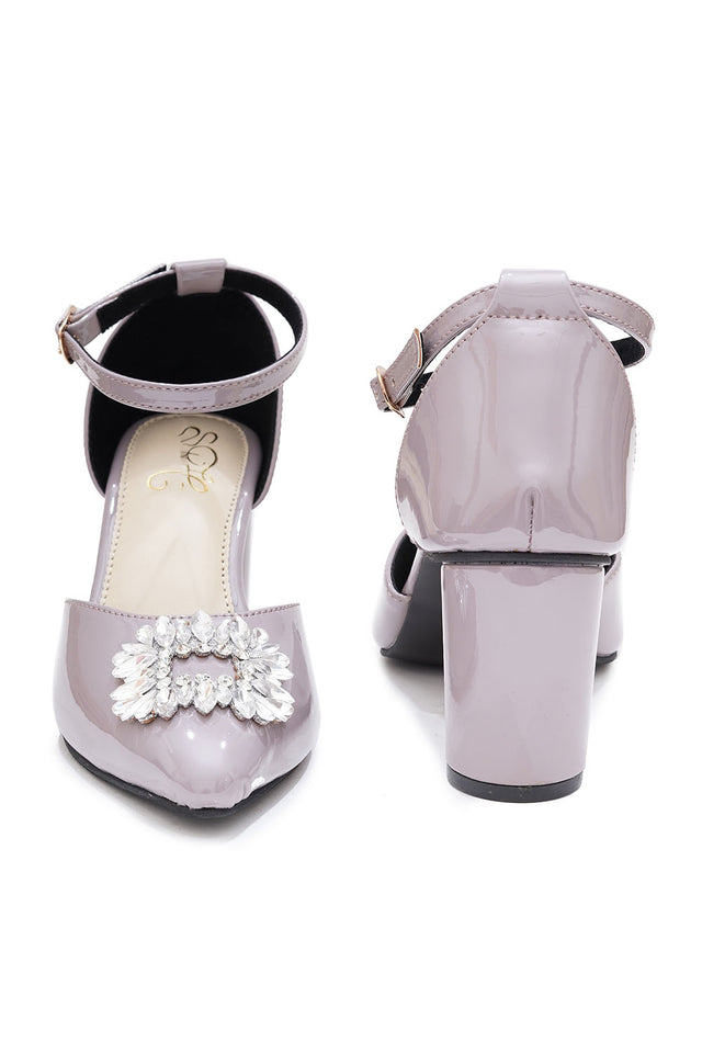 Grey Embellished Pu Leather Heels