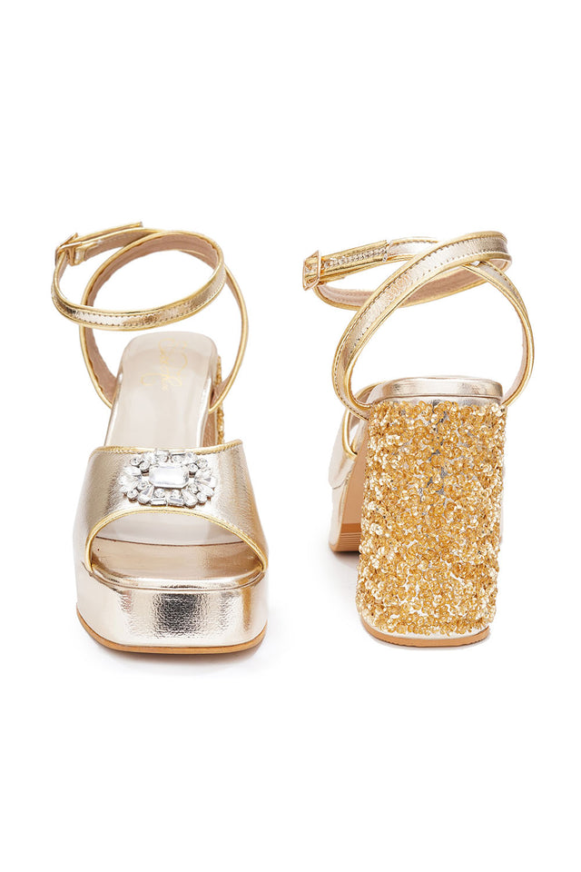 Gold Embroidered Pu Leather Heels