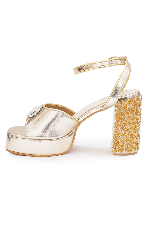 Gold Embroidered Pu Leather Heels