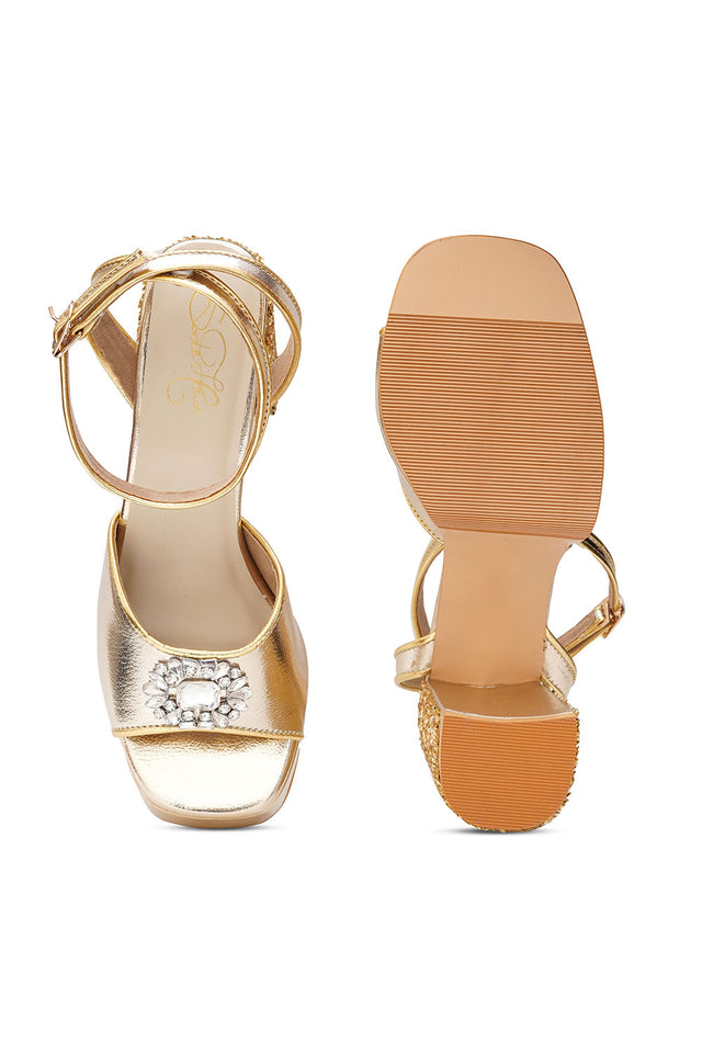 Gold Embroidered Pu Leather Heels