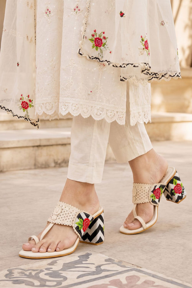 Cream Floral Embroidered Faux Leather Block Heel (3423)