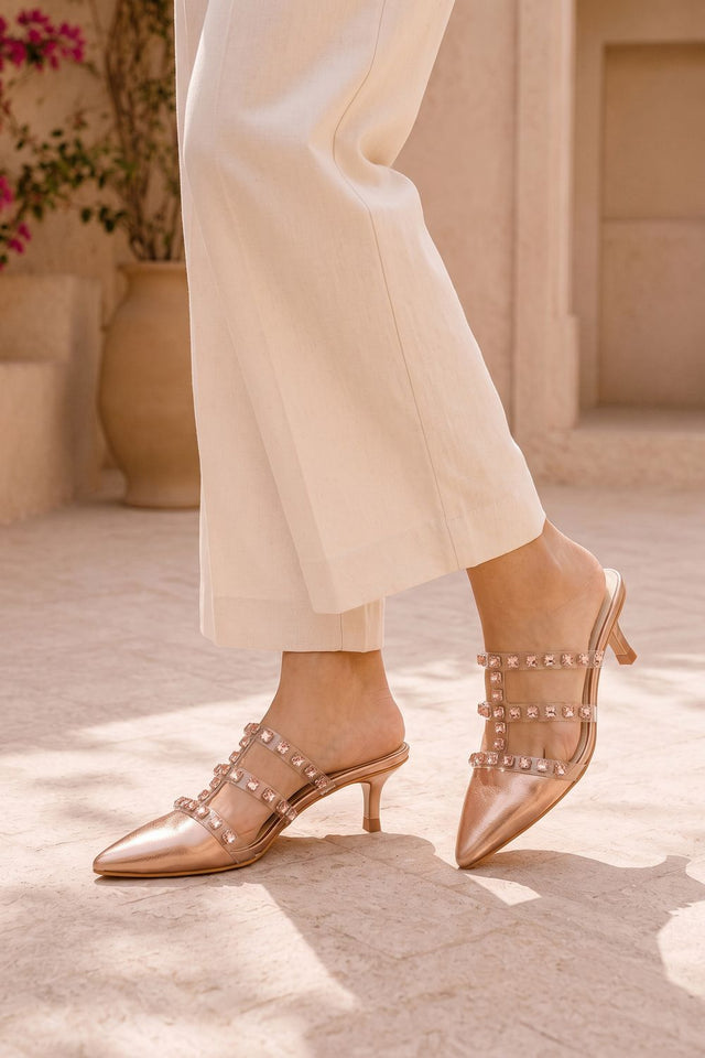 Gold Sparkling Crystal Strap Faux Leather Pencil Heel (3424)