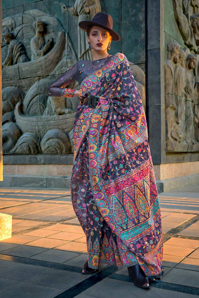 Kashneer Silk Black Woven Handloom Saree