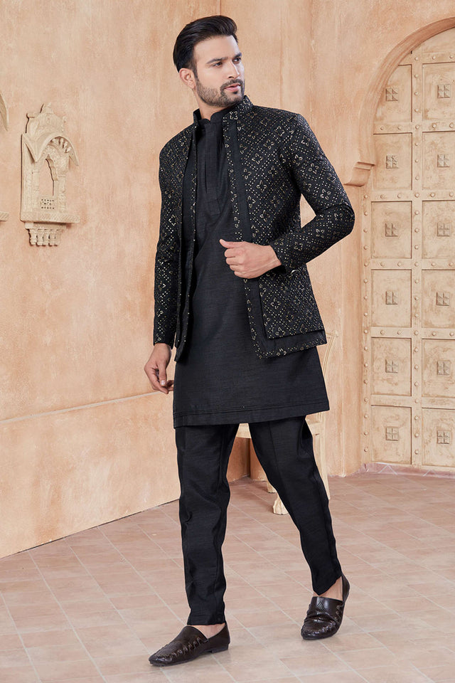 Black Sequin with Embroidered Silk Kurta Pyjama Set