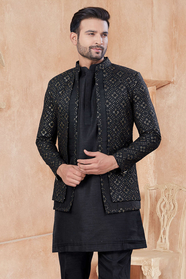 Black Sequin with Embroidered Silk Kurta Pyjama Set