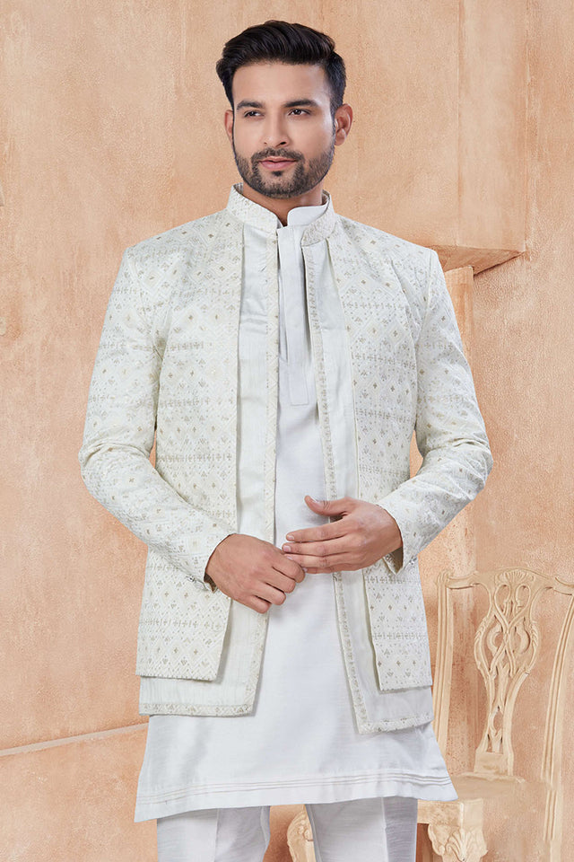White Sequin with Embroidered Silk Kurta Pyjama Set