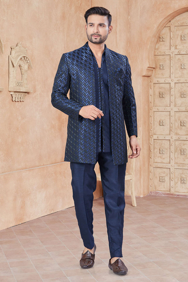 Navy-Blue Sequin with Embroidered Silk Kurta Pyjama Set