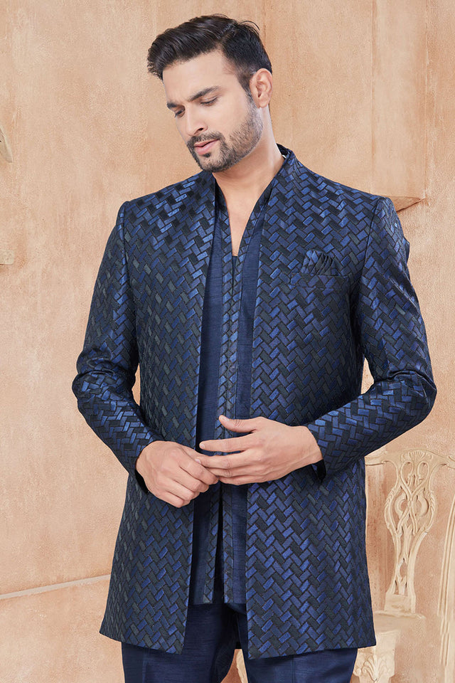 Navy-Blue Sequin with Embroidered Silk Kurta Pyjama Set