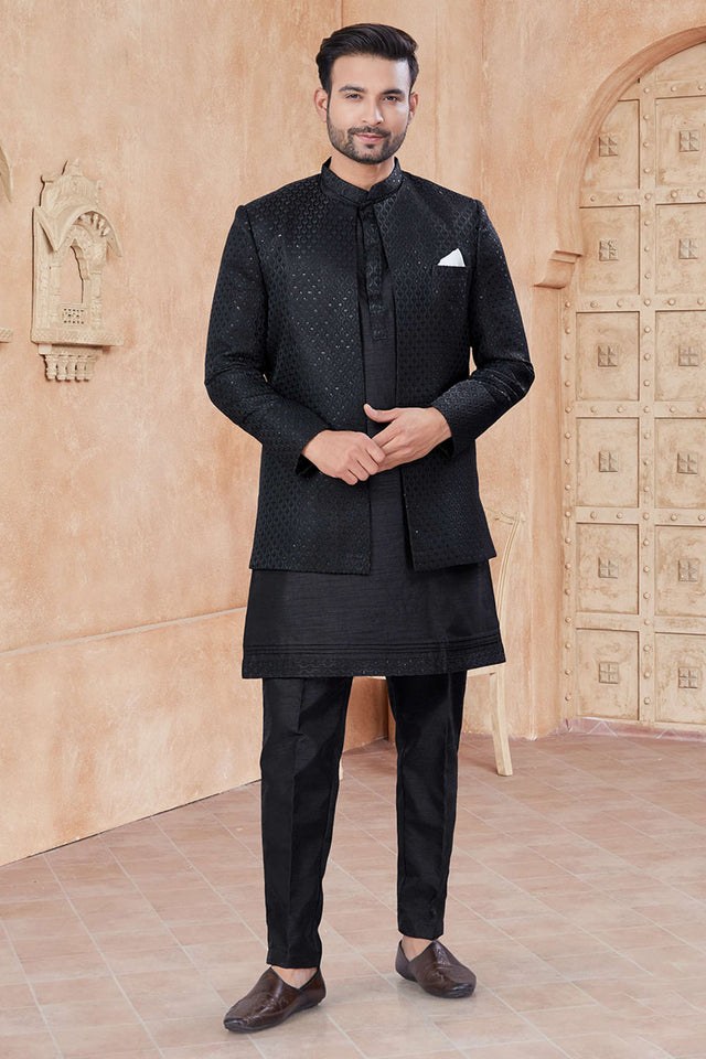 Black Sequin with Embroidered Silk Kurta Pyjama Set