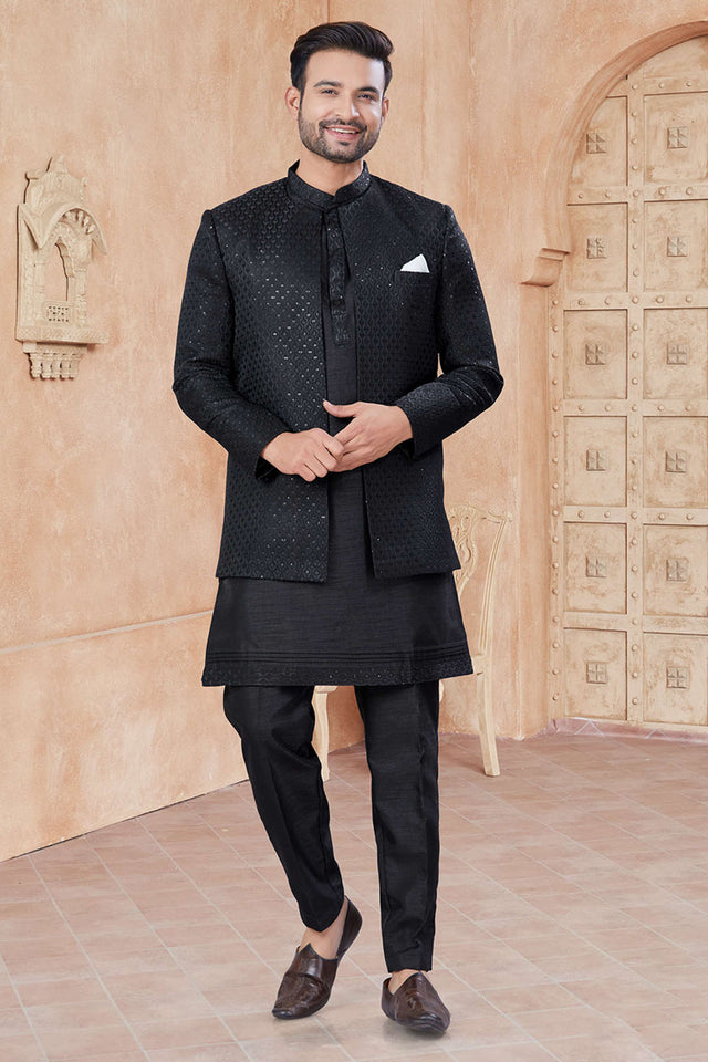 Black Sequin with Embroidered Silk Kurta Pyjama Set
