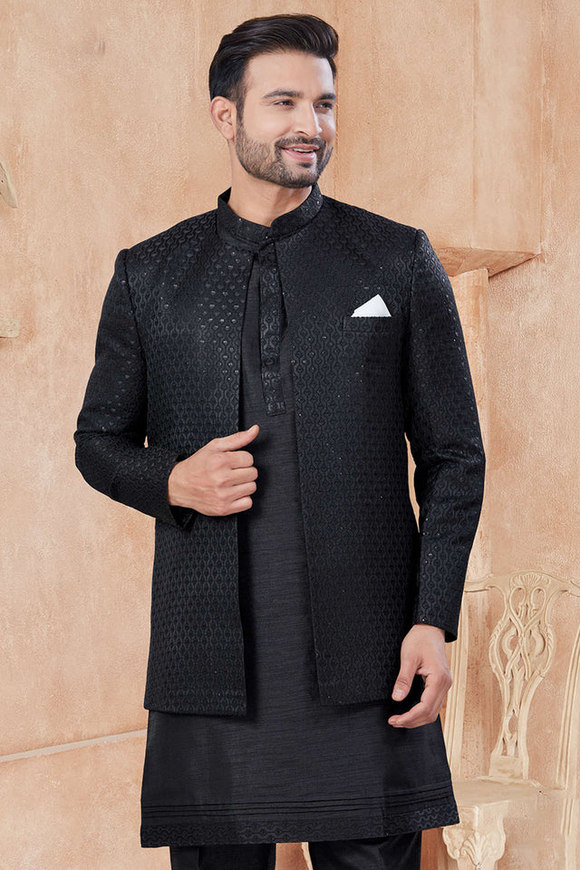 Black Sequin with Embroidered Silk Kurta Pyjama Set
