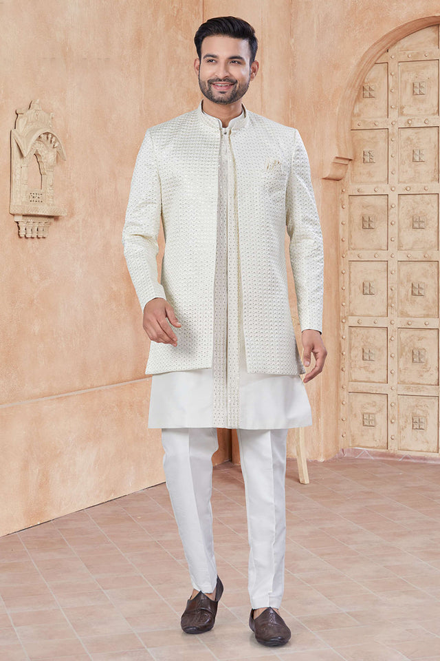 White Sequin with Embroidered Silk Kurta Pyjama Set