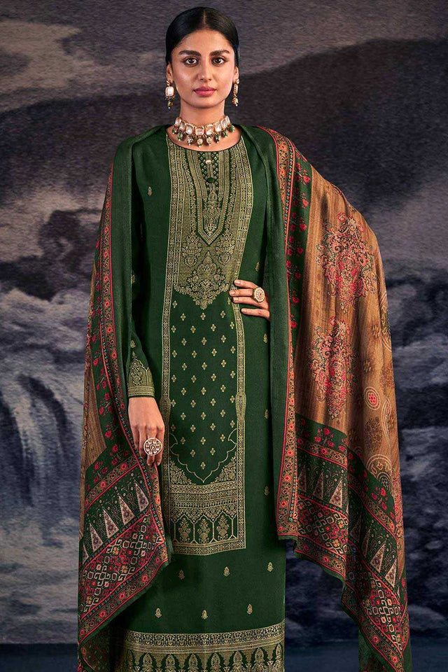 Buy Green Pashmina Jacquard Dress Material Online - Front
