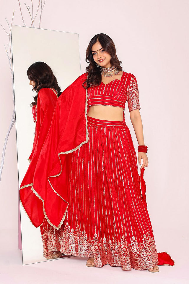 Red Embroidered Silk Lehenga (3Redbrocad)