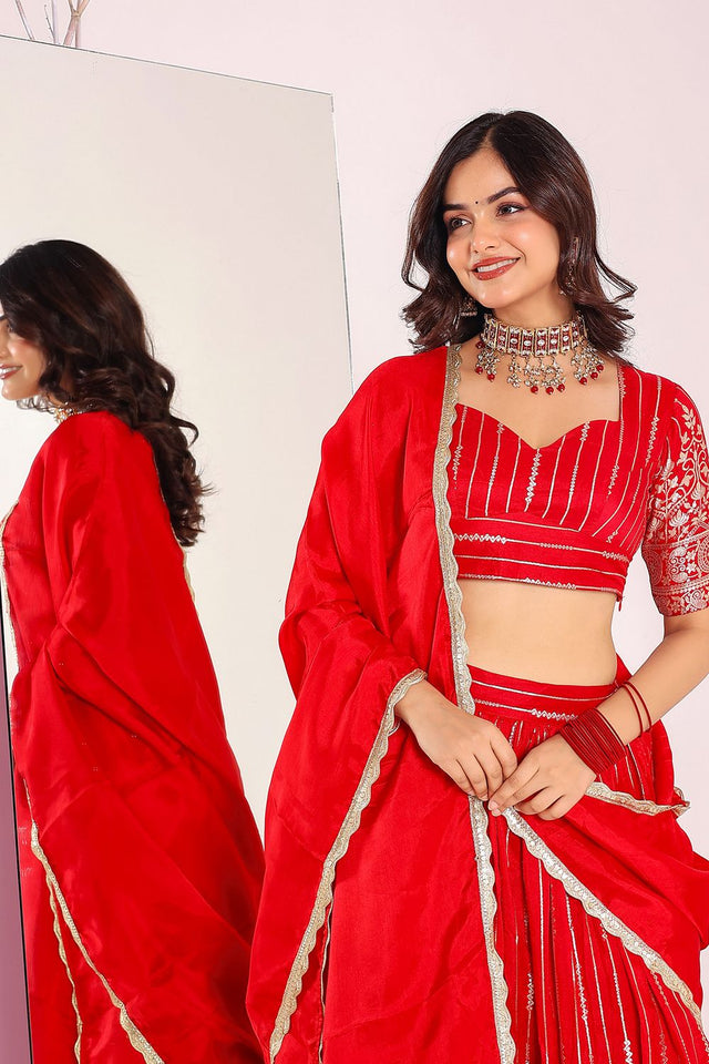 Red Embroidered Silk Lehenga (3Redbrocad)