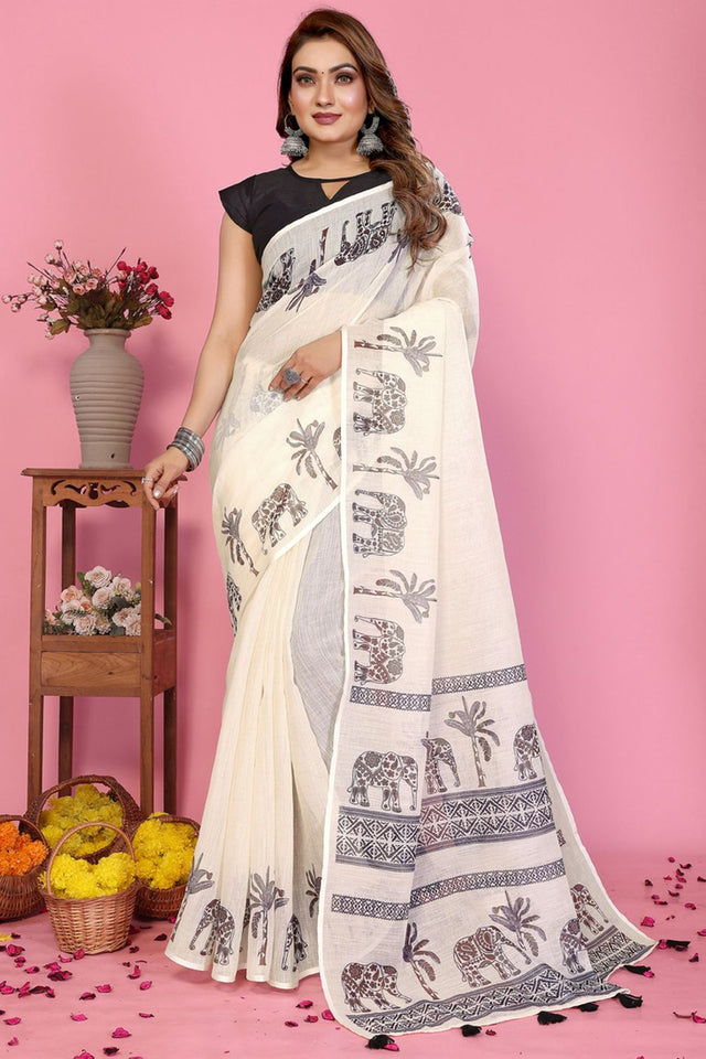 White Printed Cotton Saree (4-SOFTLILAN)