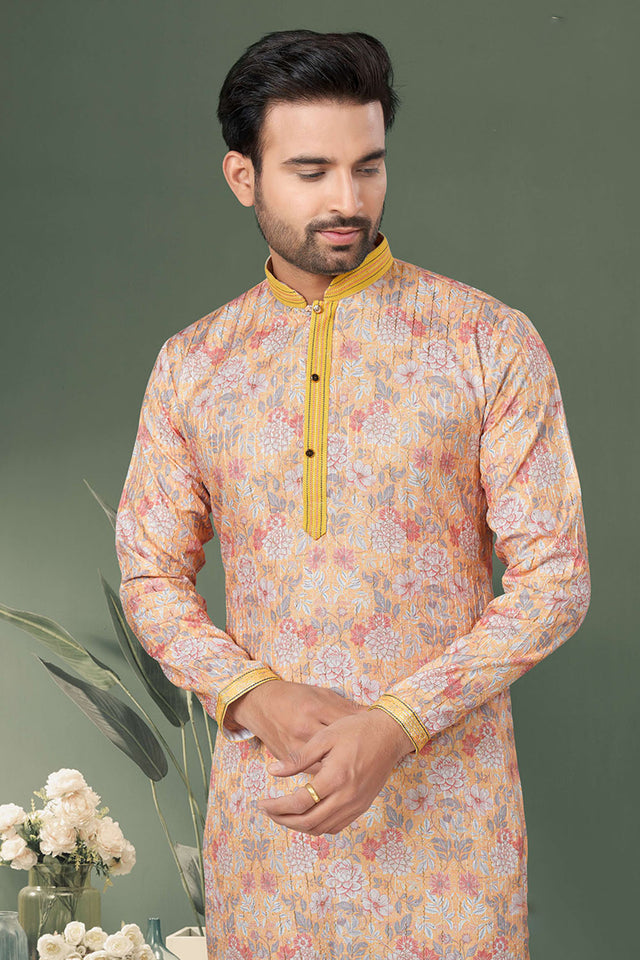 Peach Printed Cotton Kurta Pyjama Set